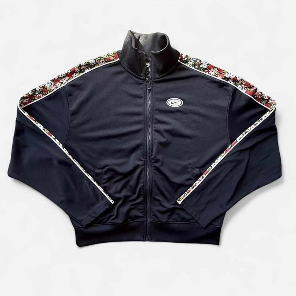 Nike Floral Stripe Track Jacket Womens Medium Black Full Zip Y2K Retro